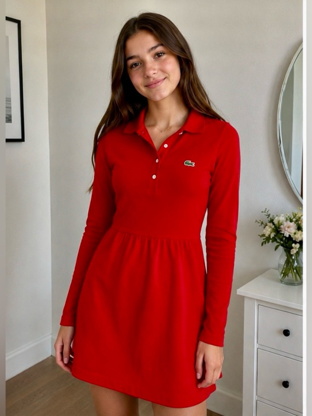 Lacoste Girls Red Long Sleeve Stretch Pique Polo Dress Collared Crocodile Logo-